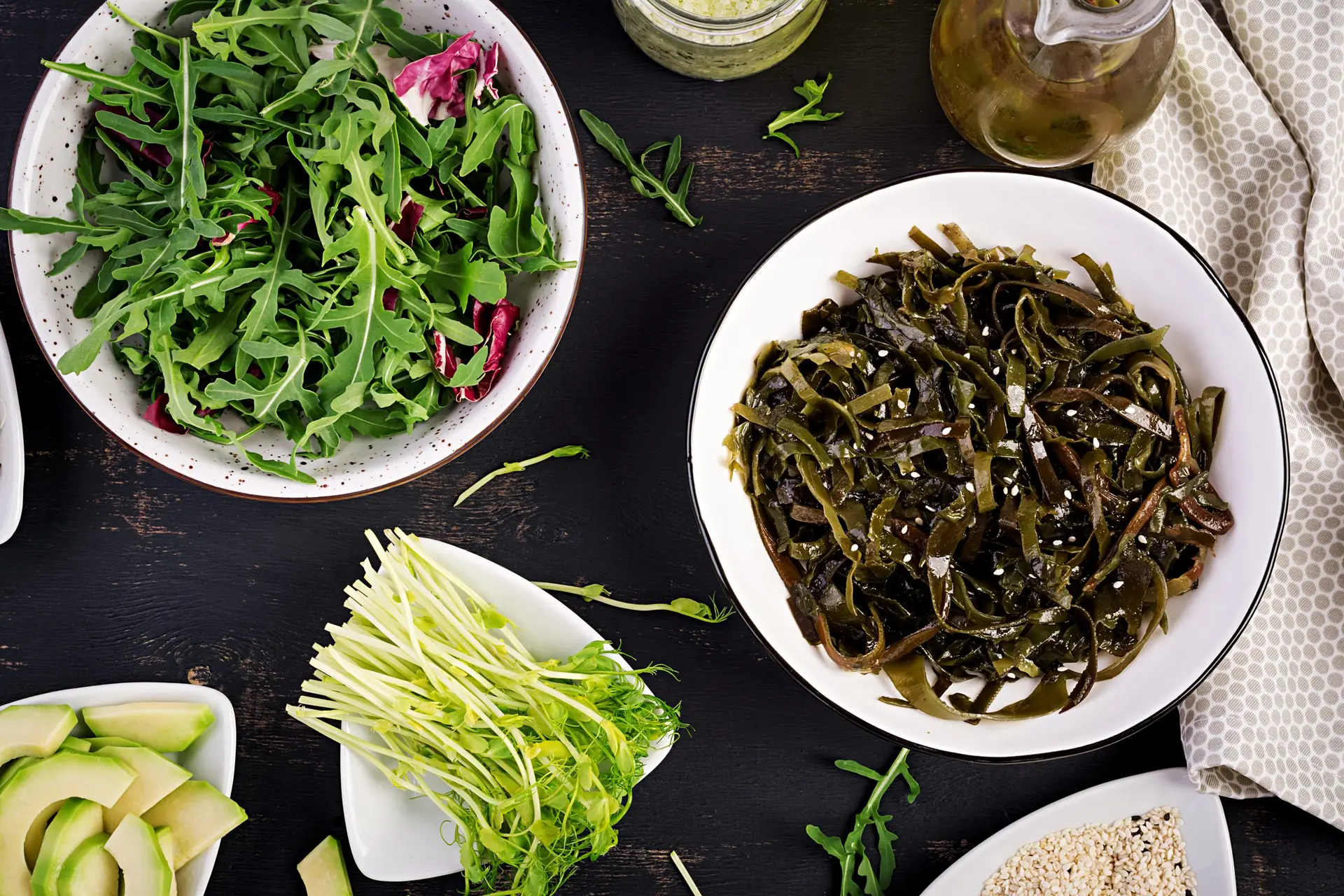 Seasoned seaweed salad and fresh herbs Top view Table setting - The Bespoke Clinic | Jesmond, Newcastle