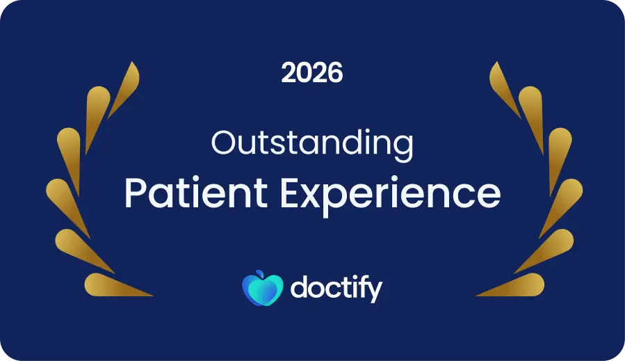 Award banner: 2026 Outstanding Patient Experience with gold laurel wreaths on a navy background and the Doctify logo.