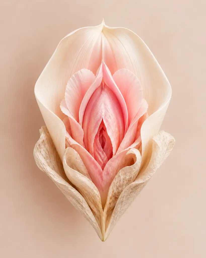 Close-up of pale peach and pink petals unfurling in a layered bloom against a soft beige background.