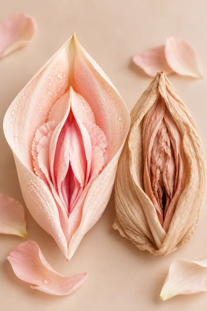 Close-up of two pale pink flowers, one opened and the other budding, with water droplets on delicate petals against a beige background.