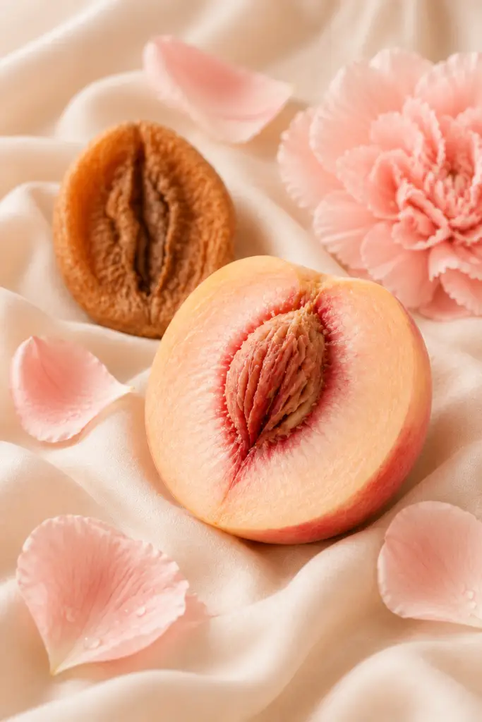 Halved peach with exposed pit on pale satin, surrounded by pink petals and a pink carnation.