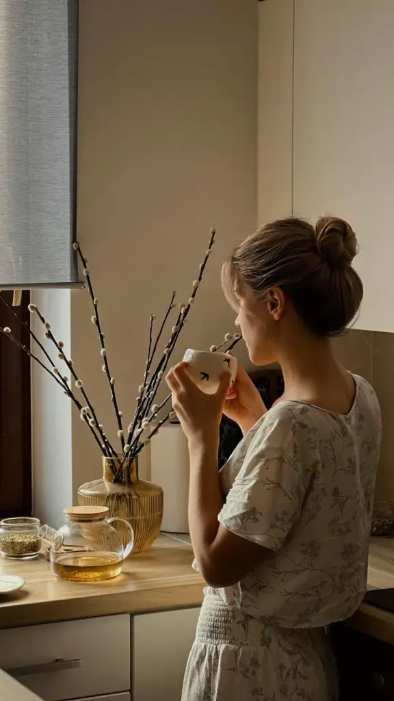 Woman in a floral dress stands at a kitchen counter, sipping from a white mug beside a vase of pussy willow branches.