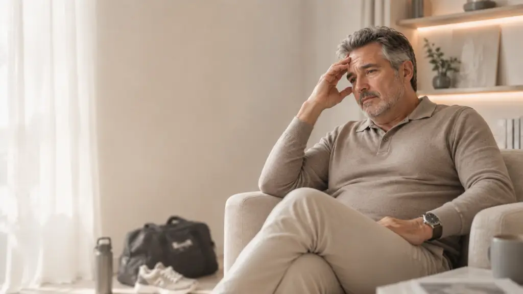 Middle-aged man sitting on a beige sofa, hand on his forehead, looking stressed in a living room.