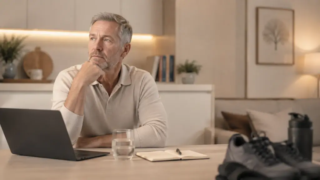 Man sits at a table with a laptop, resting his chin on his hand in a cozy home office.