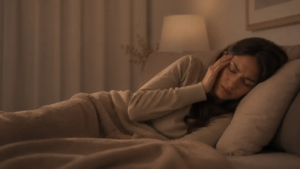 Woman lying in bed, holding her head with a pained expression in a cozy, dimly lit room.